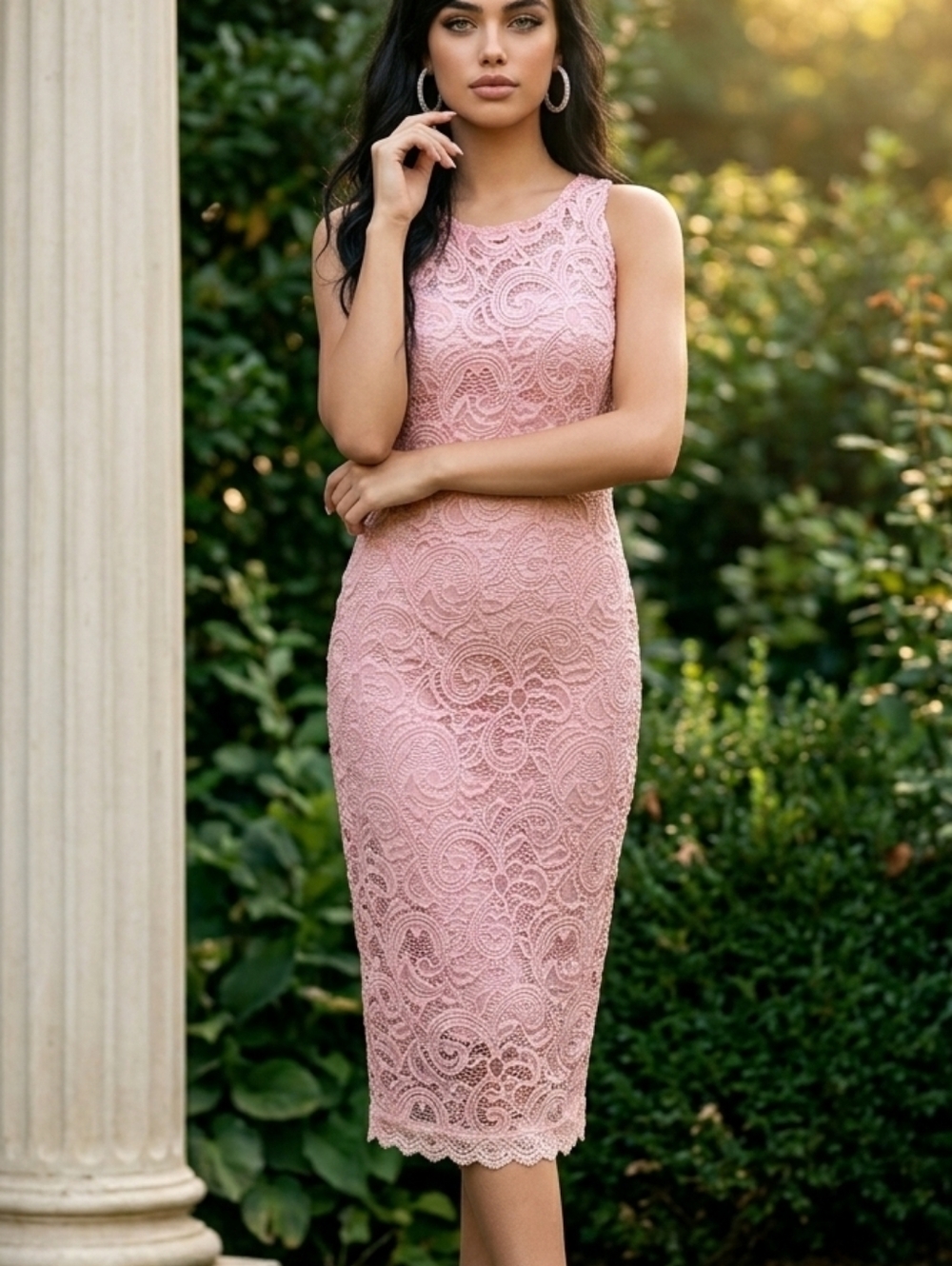 Wishful Park Pink Lace Midi Sheath Dress
